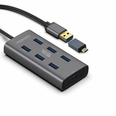 PROMATE EzHub-7 Aluminium Alloy Powered USB Hub • 7 USB 3.0 Ports • USB-C Adaptor • 5Gbps Transfer Rate • Data & Charge