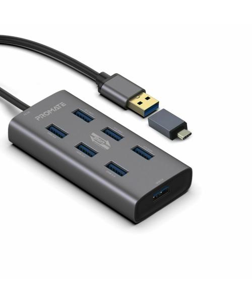 PROMATE EzHub-7 Aluminium Alloy Powered USB Hub • 7 USB 3.0 Ports • USB-C Adaptor • 5Gbps Transfer Rate • Data & Charge