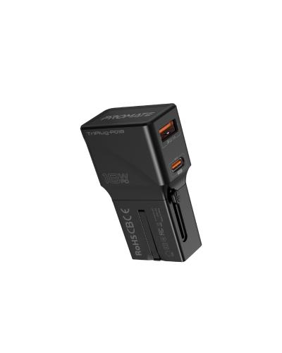 Promate Sleek Universal Power Plug With Power Delivery and Quick Charge -Black(Triplug-PD18)