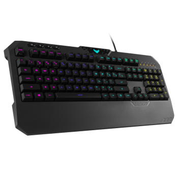 ASUS TUF Gaming K5 RGB keyboard with tactile Mech-Brane key switches, specialized coating for extended durability, spill-resistance and Aura Sync lighting