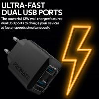 PROMATE BiPlug 12W Wall Charger with Dual USB Ports