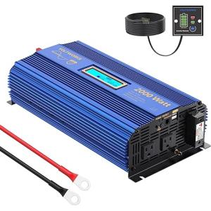 VOLTWORKS 24 Volt 2000W Pure Sine Wave Power Inverter DC 24V to AC 110V 120V and Hardwire Block with LCD Display Remote Controller and Battery Cables Dual 2.4A USB for Charging RV Van Truck Boat