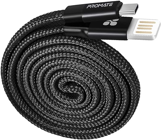 PROMATE Coiline-C 1.2m Mesh Braided Auto-Coiling USB-C Cable with Fast Charging 2A Support (BLACK)
