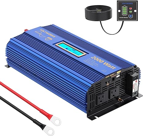 VOLTWORKS 24 Volt 2000W Pure Sine Wave Power Inverter DC 24V to AC 110V 120V and Hardwire Block with LCD Display Remote Controller and Battery Cables Dual 2.4A USB for Charging RV Van Truck Boat